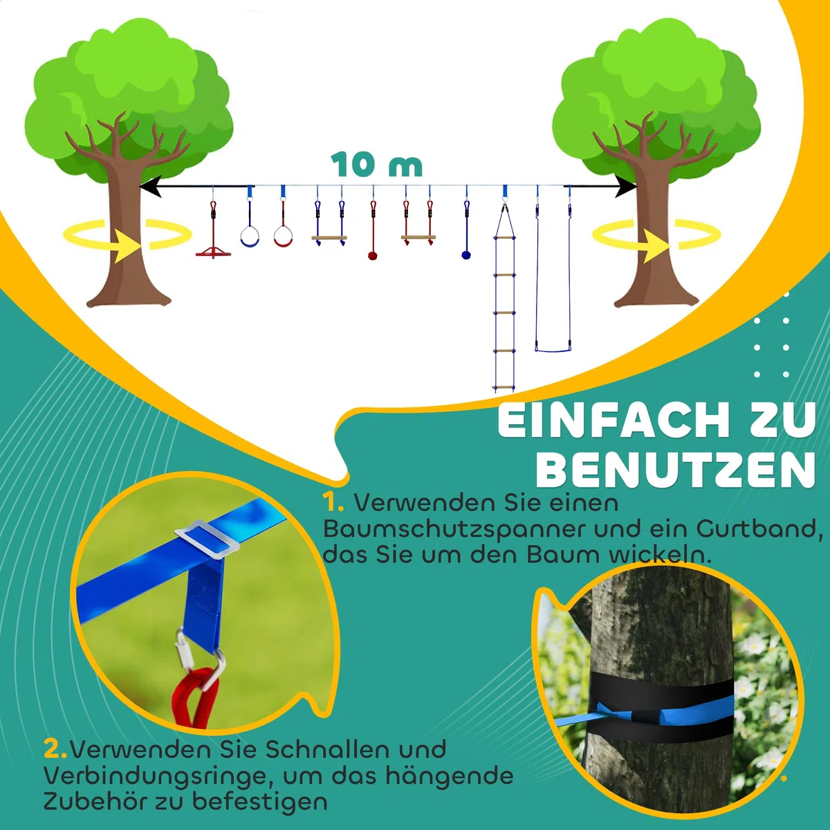 AIYAPLAY Ninja Line - Set Slackline per bambini, 10 m, con anelli da ginnastica, altalena, scaletta per arrampicate, protezione per alberi, aste da arrampicata, vassoio sospeso, set da gioco per
