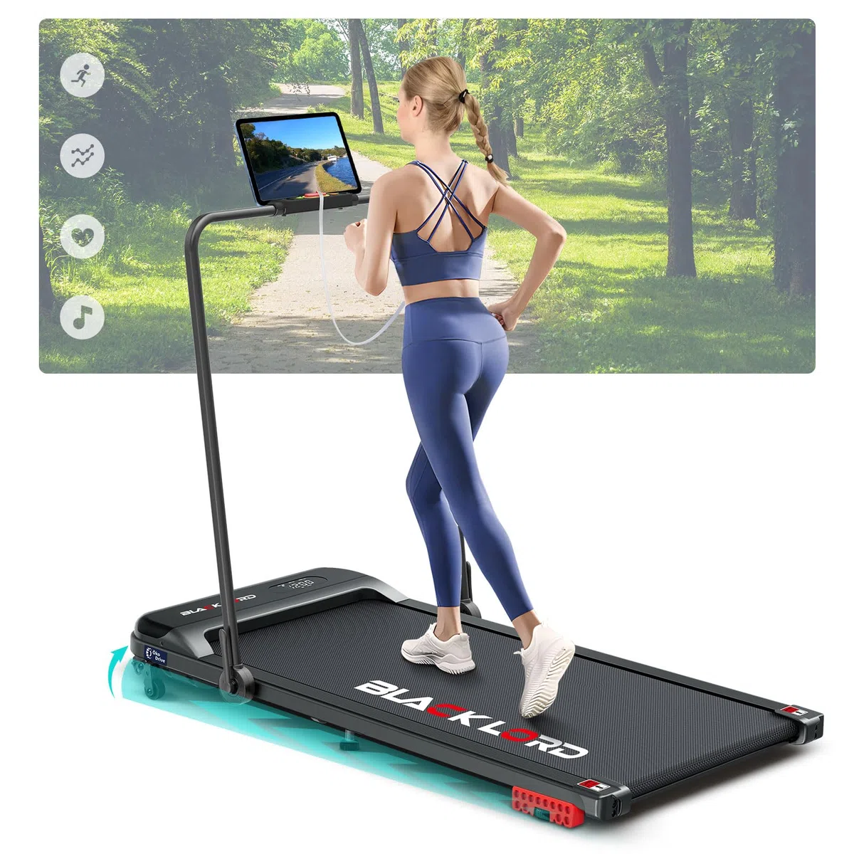BLACK LORD Tapis roulant, Walking pad 9/12/16 km/h, Tappetino da corsa con/senza inclinazione del 9%, Sotto la scrivania, Portatile, Silenzioso, Display LED, App, Capacità di carico 120/130/140 kg
