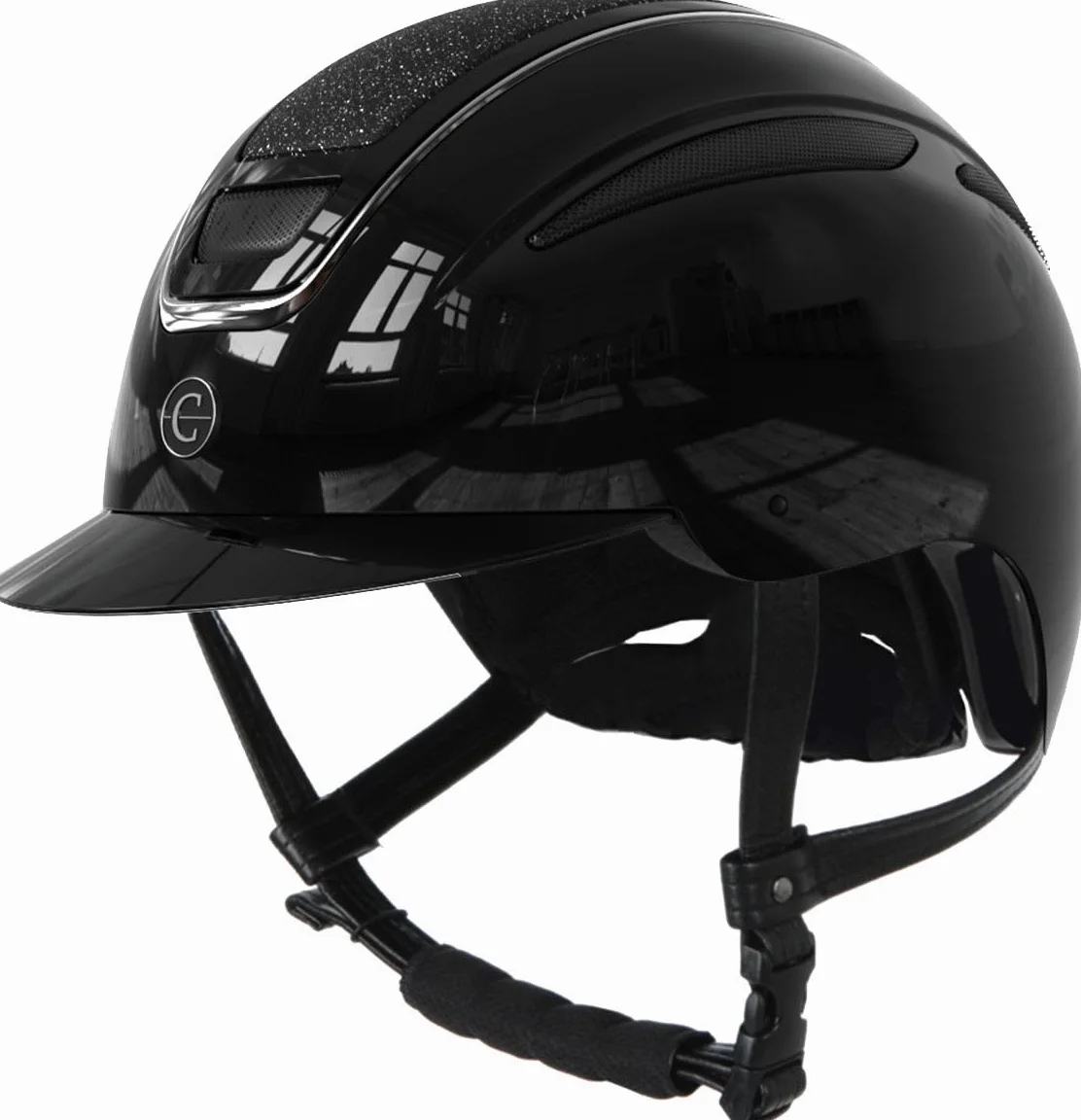 Covalliero Casco da equitazione Elite, da donna, ventilazione ottimale, cinturino in similpelle, fodera interna estraibile, guscio rigido ABS, nero laccato, L/59-61 cm