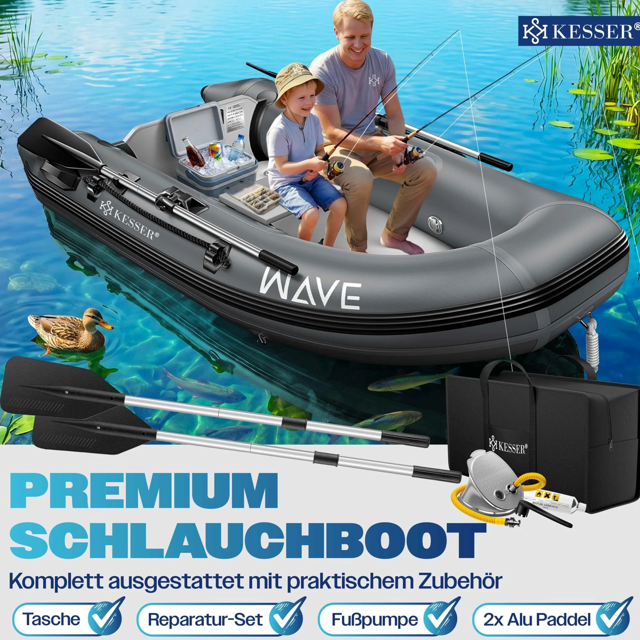 KESSER® Gommone 2,30 m per 2 persone, adatto per il tempo libero, barca a motore, barca da pesca, con 1 panchina, set di riparazione e borsa gonfiabile, in PVC, antracite