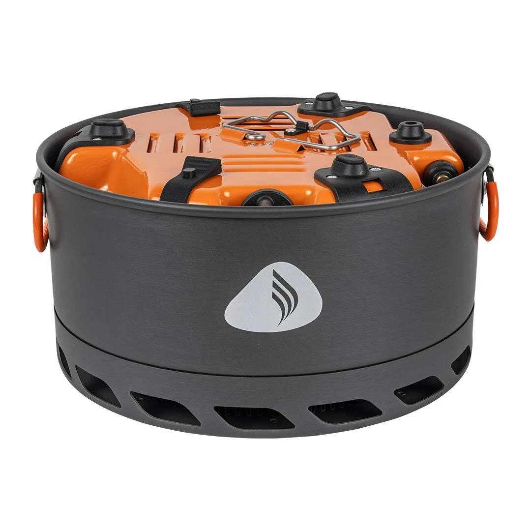 Jetboil Genesis Base Camp Compact Sistema di Cottura a 2 fuochi Isobutano Alimentato Solo Pasti Grande Gruppo Cottura Padella 25,4 cm Fry Pan 5 LT Flux Ring Cookpot Borsa per il trasporto Parabrezza