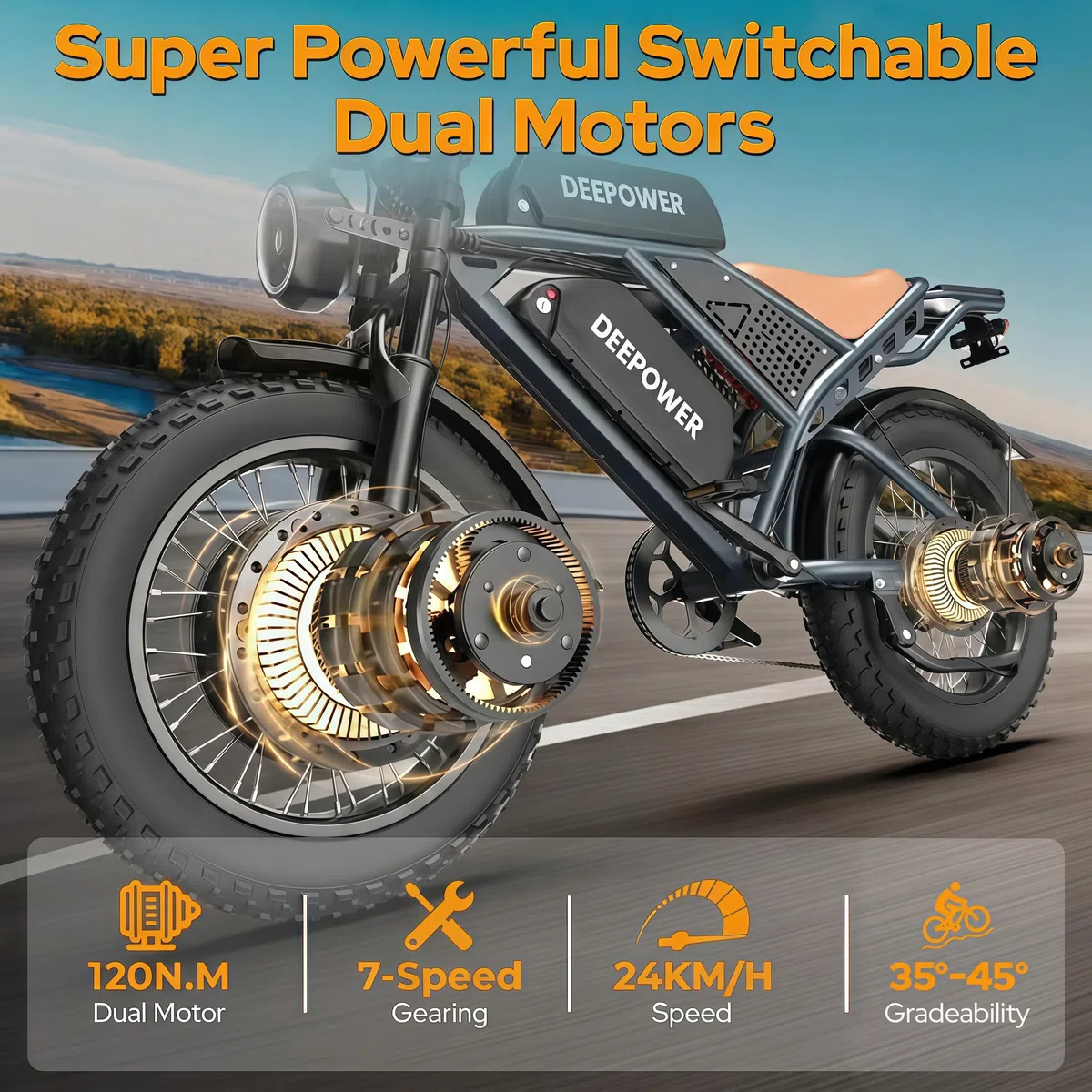 DEEPOWER S8 Bici Elettrica, 20" Bicicletta Elettrica, Doppio Motore, Doppia Batteria 48V 60Ah, Rimovibile, Autonomia di 160-190KM E-bike, Ammortizzatore Idraulico, 7-Speed Bicicletta Elettrica Uomo