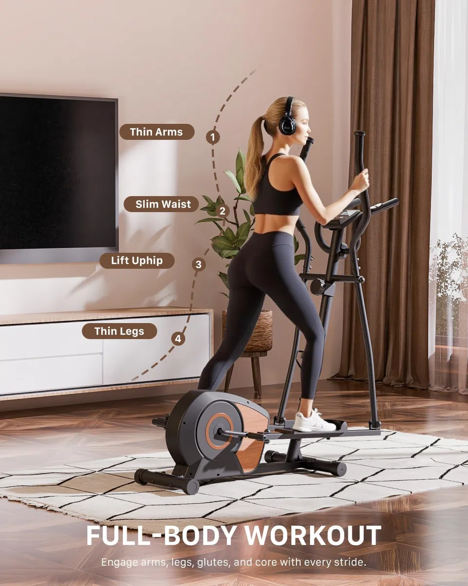 Ellittica da Casa Silenziosa, Aeriflo S100 Ellittica Magnetica con 16 Livelli di Resistenza, Volano 6kg, Salvaspazio, Bluetooth con App, Schermo LCD e Ruote di Trasporto per Allenamento Cardio