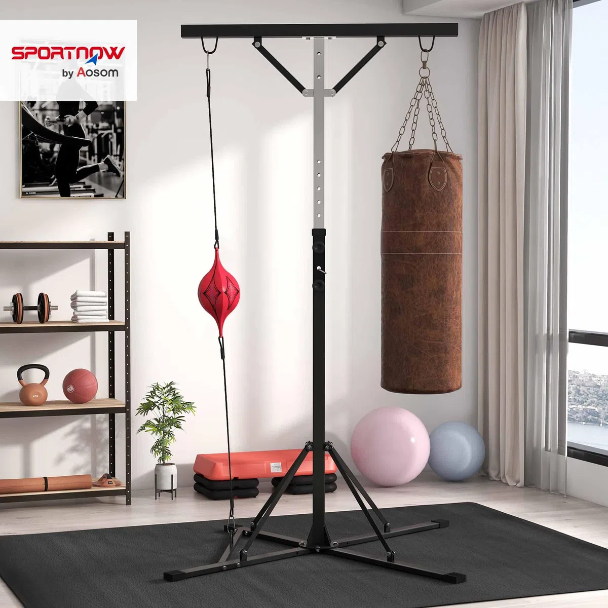 SPORTNOW Supporto Sacco Boxe ad Altezza Regolabile con 6 Barre di Rinforzo e Palla Veloce, Stazione da Sacco, Staffa per Sacco da Boxe da Terra in Acciaio, 160x145x175-220 cm, Nero