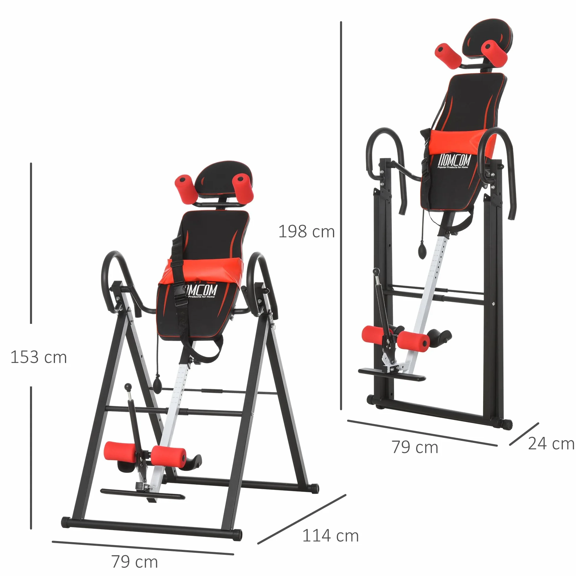 HOMCOM Panca a Inversione con Angolazione e Altezza Regolabile e Poggiatesta, Panca Inversa in Acciaio e Plastica, 79x114x153 cm, Rosso e Nero