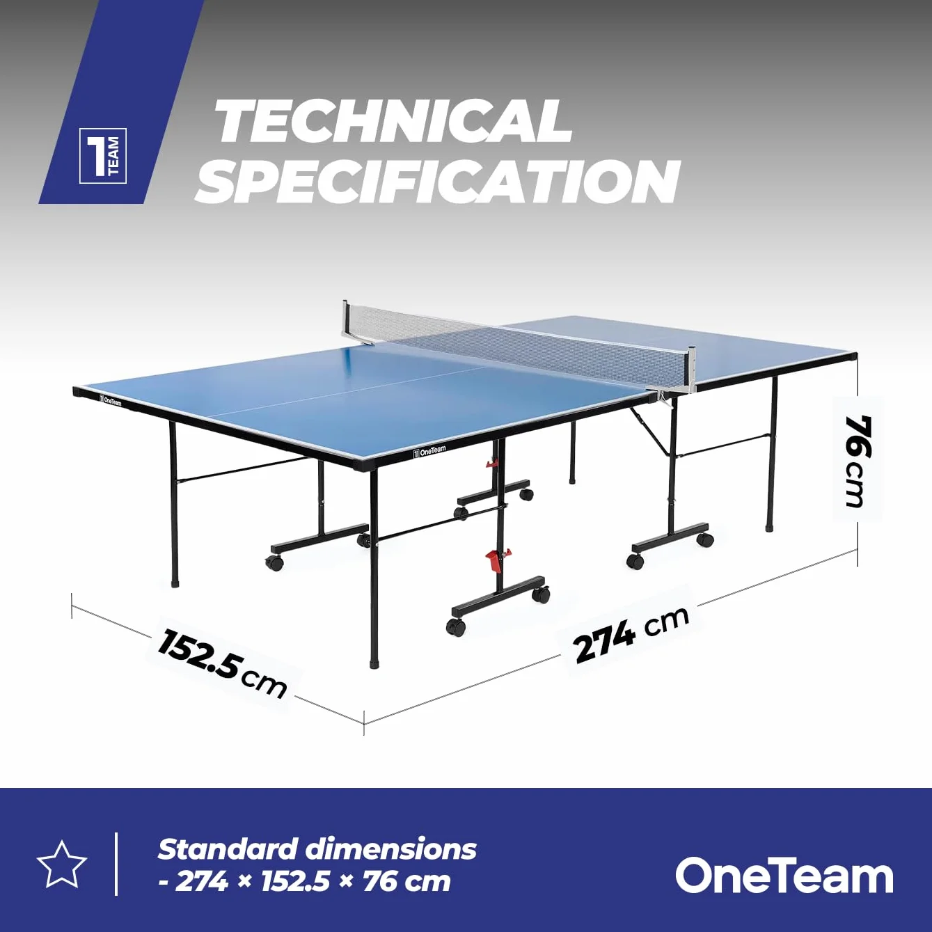 OneTeam Tavolo da ping pong Dimensioni 274x152,5x76 cm per gioco all'aperto con rete pieghevole Ruote per trasporto con funzione di bloccaggio Azzurro