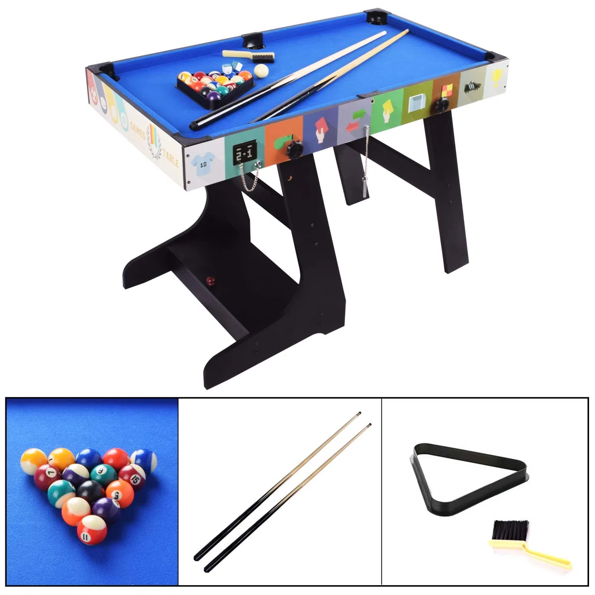 Tavolo da Gioco Pieghevole 4 in 1 Muliti: Biliardo/Snooker, Calcio, Ping Pong, Hockey ad Aria Con Scatola Portaoggetti, 1,2 m