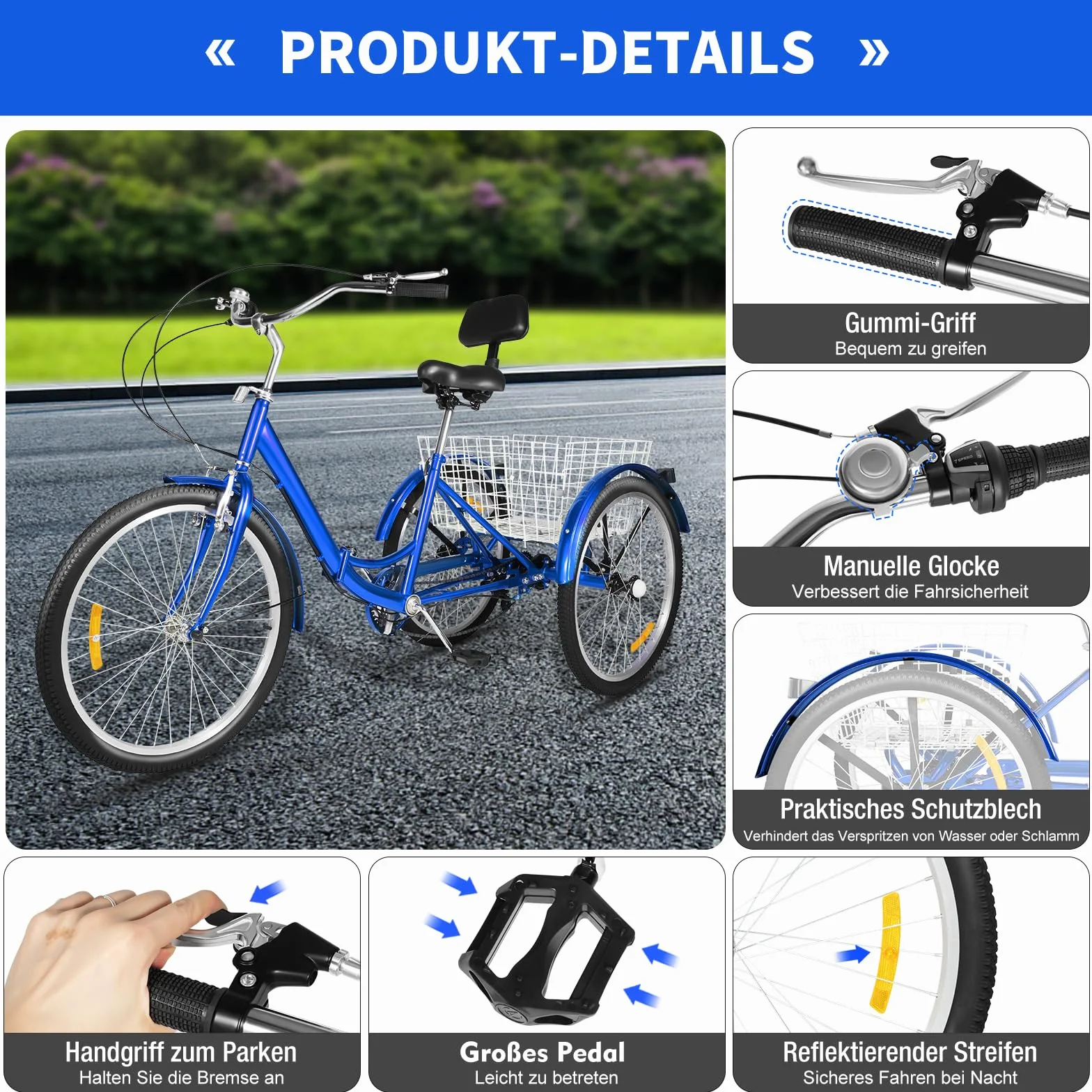 Triciclo pieghevole da 24 pollici per adulti, bicicletta per anziani, triciclo pieghevole con cestino portaoggetti, 7 marce, ideale per lo shopping, capacità di peso 120 kg, blu