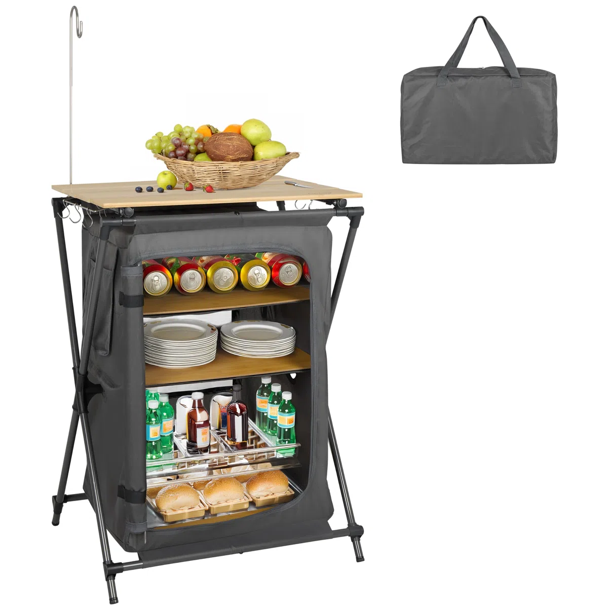 Finnhomy Armadio portatile da campeggio con 4 ripiani, con supporto leggero, con borsa per il trasporto, tavolo da campeggio con contenitore per il trasporto, supporto 30 kg, grigio