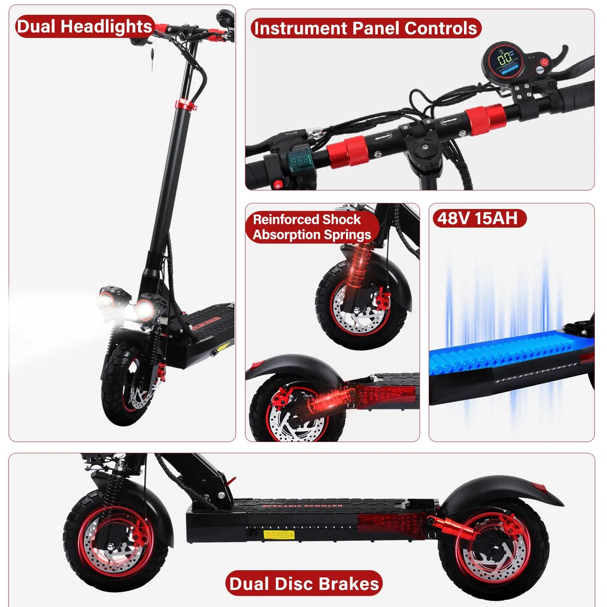 Monopattino Elettrico Adulti 500W Motore, Batteria 48V 15AH, IP54, Autonomia di 35-50 km, 10 pollici Pneumatici Fuoristrada, 3 Velocità Tutto Terreno Monopattino Elettrico, Sospensioni a Molla