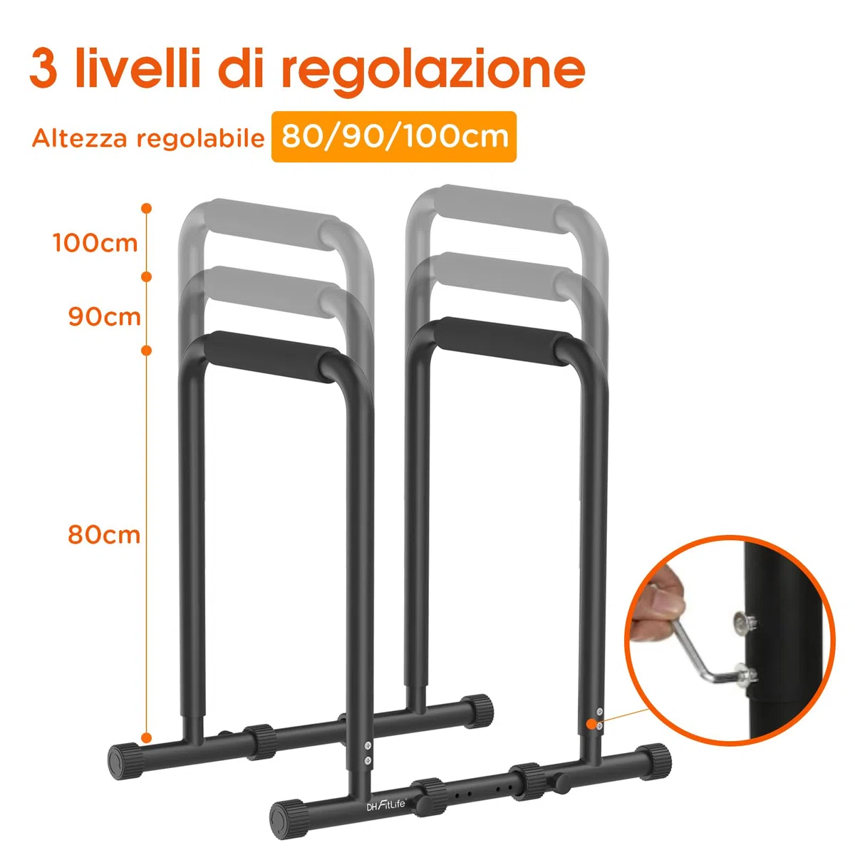 DH FitLife - Dip Parallele Calisthenics Robuste, Stabili e Versatili per Allenamento a Casa | Dip Station Regolabile in Tre Altezze (80/90/100 cm), Ideale per Parallele Dip, Push Up e Sviluppo Forza