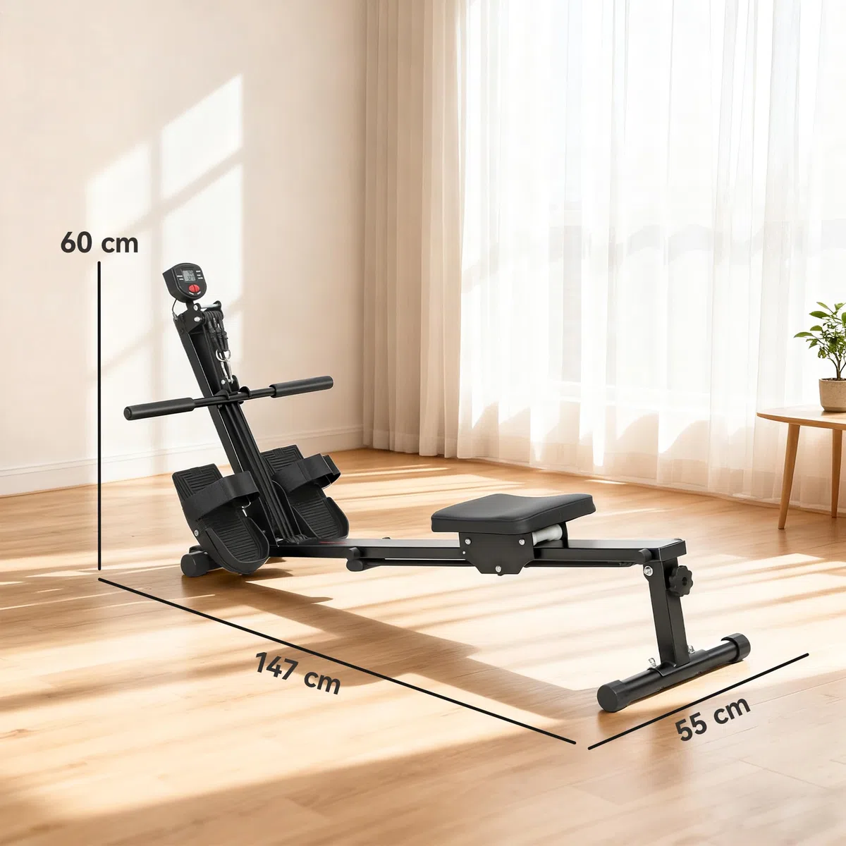 SPORTNOW Vogatore per Casa, Vogatore Compatto Silenzioso con Resistenza a Elastico, Monitor LCD, Sedile Imbottito, per Allenamento Tutto il Corpo, Capacità 150 kg, Salvaspazio, Nero