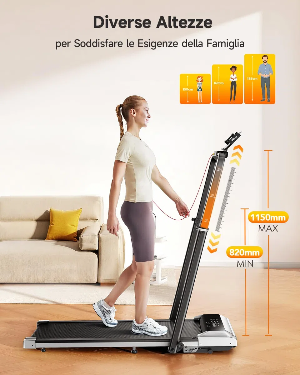 6 in 1 Tapis Roulant Elettrico, 12km/h Tapis Roulant Pieghevole con 12% Pendenza, 1150MM Tubo Montante Retrattile, 95°/105° Tubo Montante Rotante, 2.5HP Motore, App e Telecomando