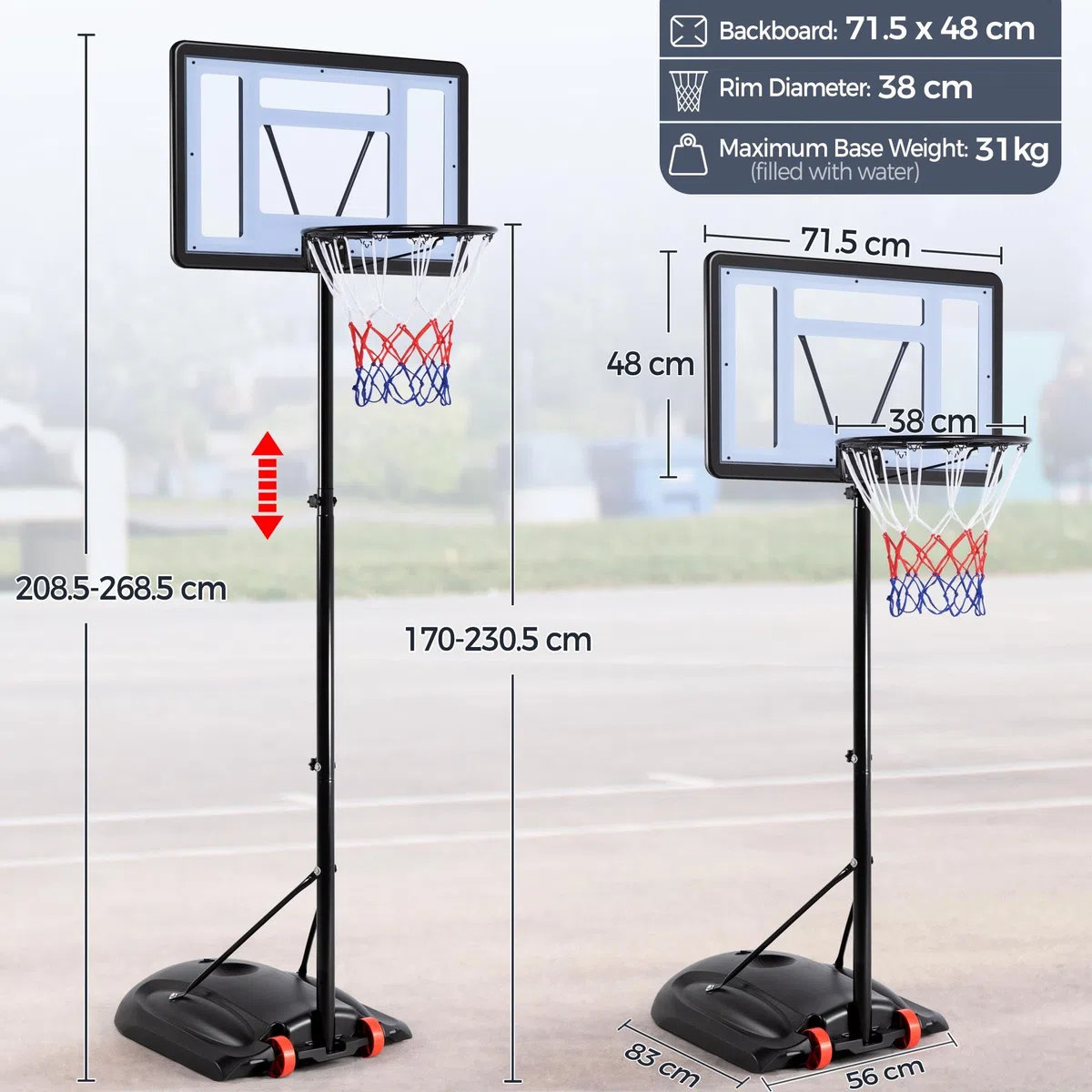 Yaheetech Canestro Basket Esterno Interno Camera Portatile con Colonna Tabellone Canestro Altezza Regolabile