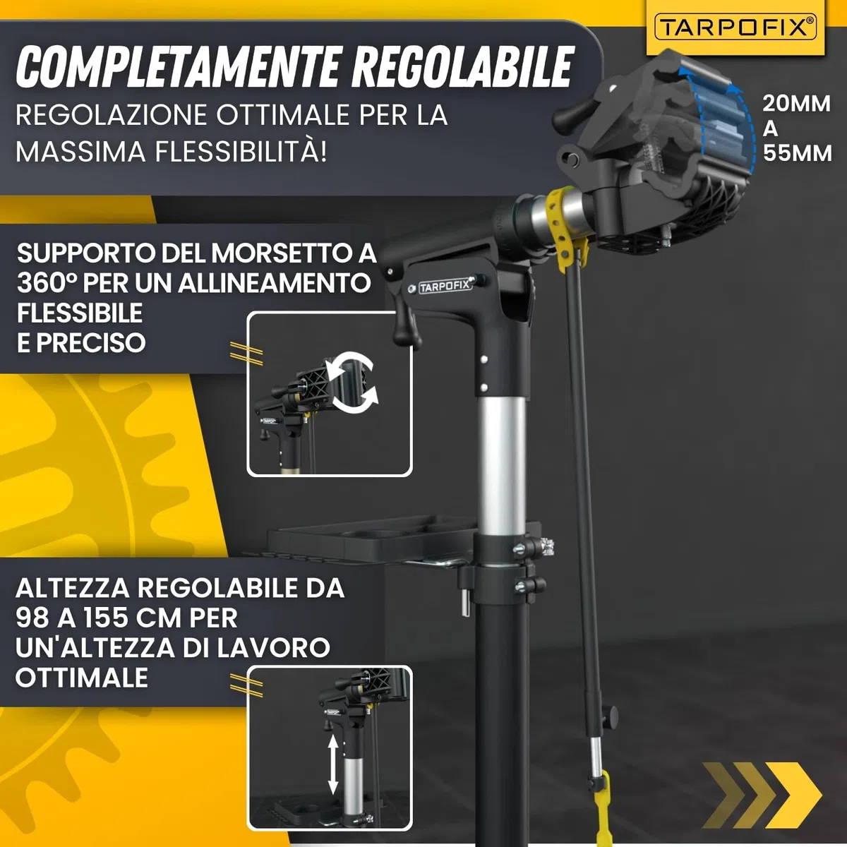 Tarpofix® Cavalletto Manutenzione Bici fino a 50kg | Stabile e Regolabile per Bike ed E-Bike | Supporto Manutenzione Bici Professionale per Riparazioni Bicicletta