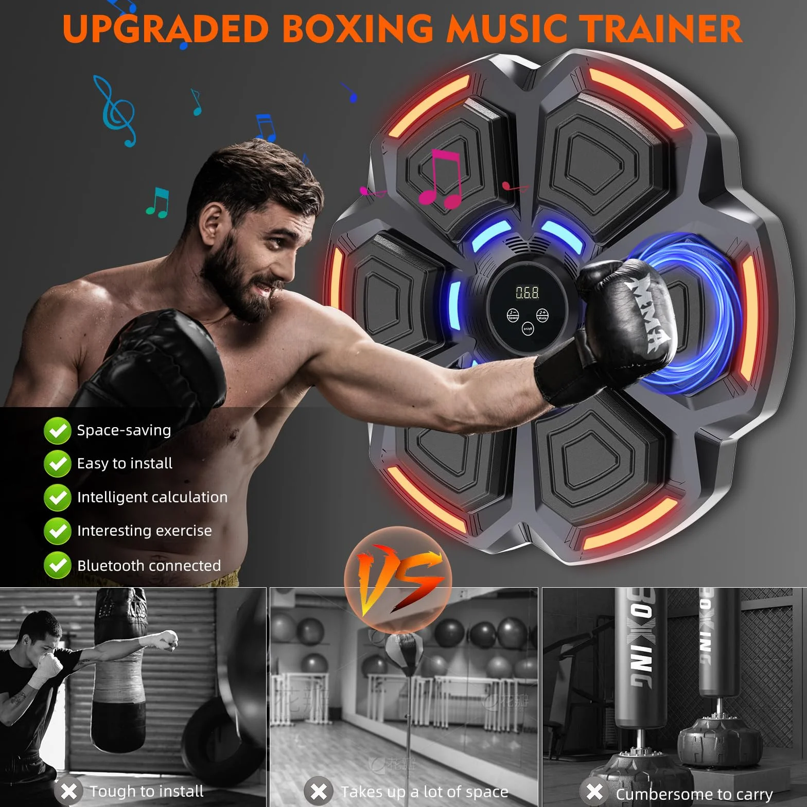 snawowo Music Boxing Machine Adulti - 9 modalità di 9 velocità Macchina da Boxe Musical Pugile con Guanti - LED Musica Bluetooth Boxe Allenamento per Casa (Nero)