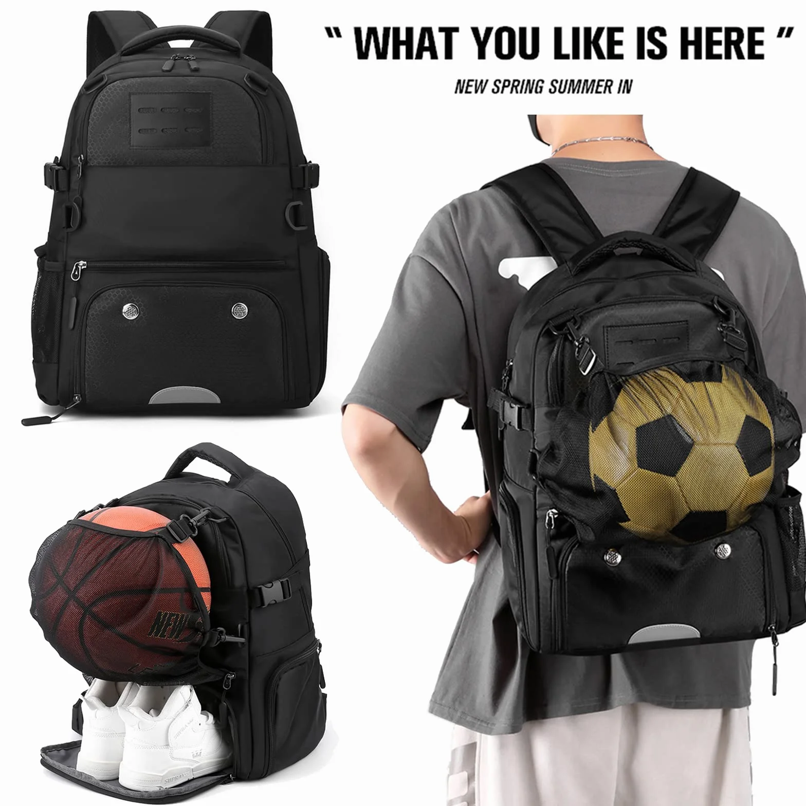 Zaino da basket con scomparto a sfera separato e scomparto per scarpe si adatta al computer portatile da 15,6 pollici con borsa portatile extra una pompa a sfera a mano e 2 aghi