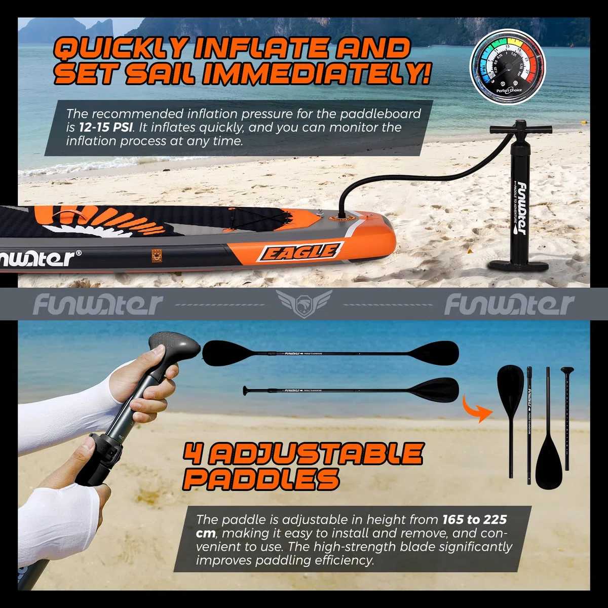 FunWater SUP Gonfiabile Stand Up Paddle Board Tavole da SUP Gonfiabili Adulti Tavola da Surf con Accessori Pompa a Mano,Pagaia,3 Pinne