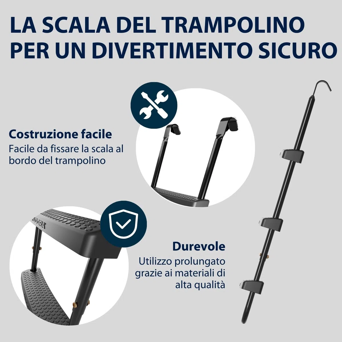 HUDORA Scaletta Universale - scaletta per Trampolino Antiscivolo con scalini Larghi - scaletta di Sicurezza Regolabile per Il Trampolino - Scala di Alta qualità e Resistente ai Raggi UV
