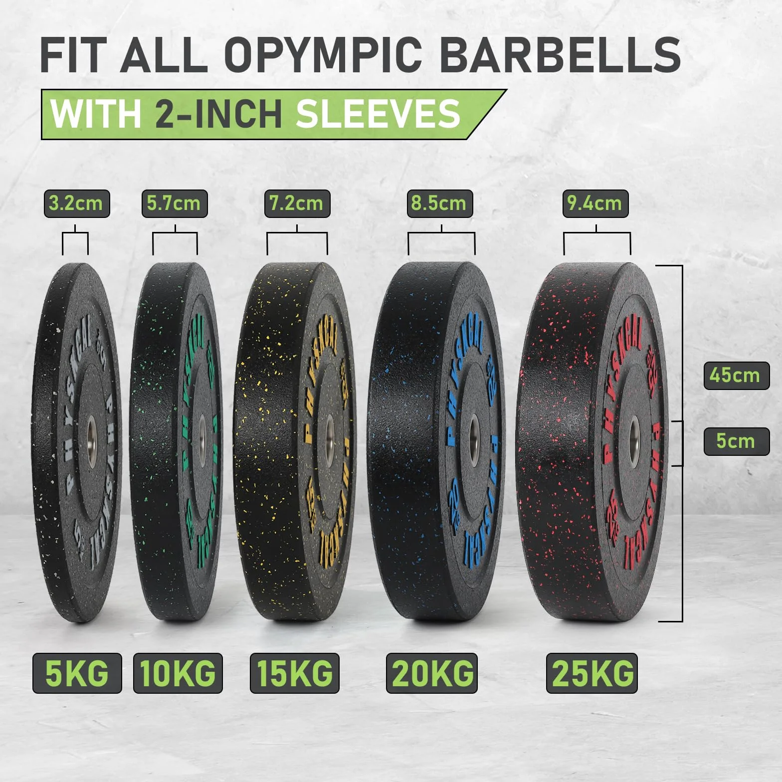 PhysKcal Disco Bumper Olimpici Crumb Rubber Plates da Ø50 mm Riciclato, Piastra In Gomma, Dischi Per Bilanciere Olimpico Home Gym da 5 kg a 25 kg