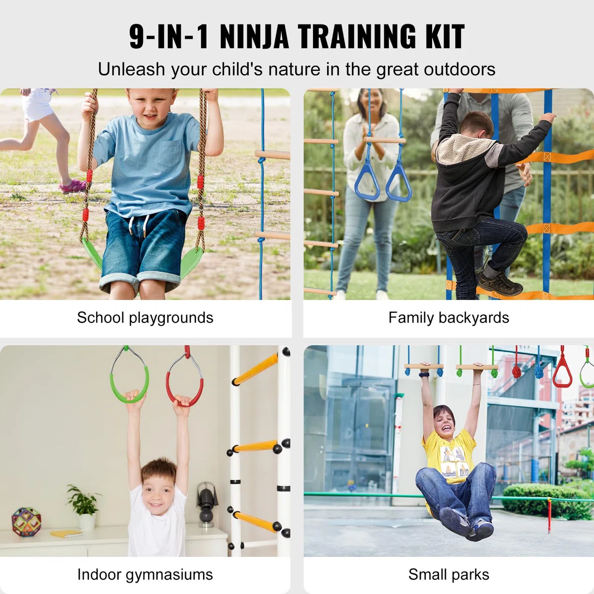 VEVOR Ninja Kit per Bambini Slackline da Arrampicata Percorso a Ostacoli 2x15,24 m Carico 226,8 kg 12 Ostacoli Attrezzatura da Gioco all'Aperto con Rete da Arrampicata Monkey Bar per Cortile Giardino
