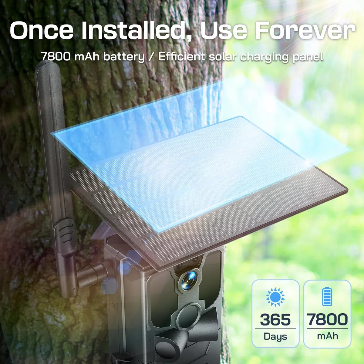 WOLFANG Fototrappola, 4G LTE Fototrappola Solare 2.5K con Scheda SIM Preinstallato e SD, Fotocamera con Allarme, Visione Notturna, Angolo 120° 82ft, Tempo di Scatto 0,2s, IP66 Impermeabile, Nero