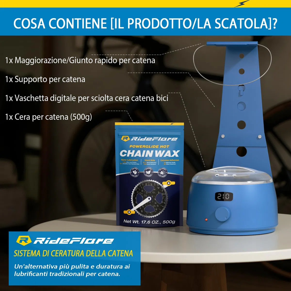 RideFlare - Vaso per cerare catene: sistema pulito, controllo preciso della temperatura e cera di attrito ultra bassa per una trasmissione silenziosa