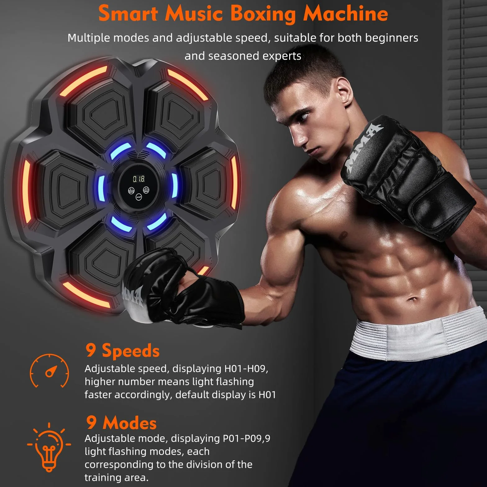 snawowo Music Boxing Machine Adulti - 9 modalità di 9 velocità Macchina da Boxe Musical Pugile con Guanti - LED Musica Bluetooth Boxe Allenamento per Casa (Nero)