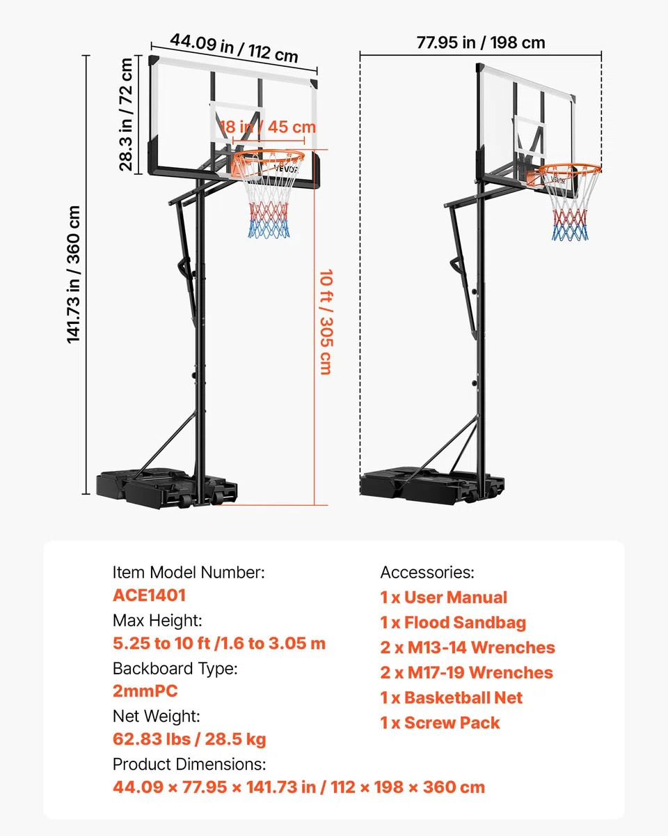 VEVOR Supporto da Basket Portatile Massimo 3,05 m Pallacanestro da Esterno con Piedistallo Regolabile in Altezza Design di Sollevamento, con Ruote e Tabellone PC da 1117,6 mm, per Cortili, Scuole