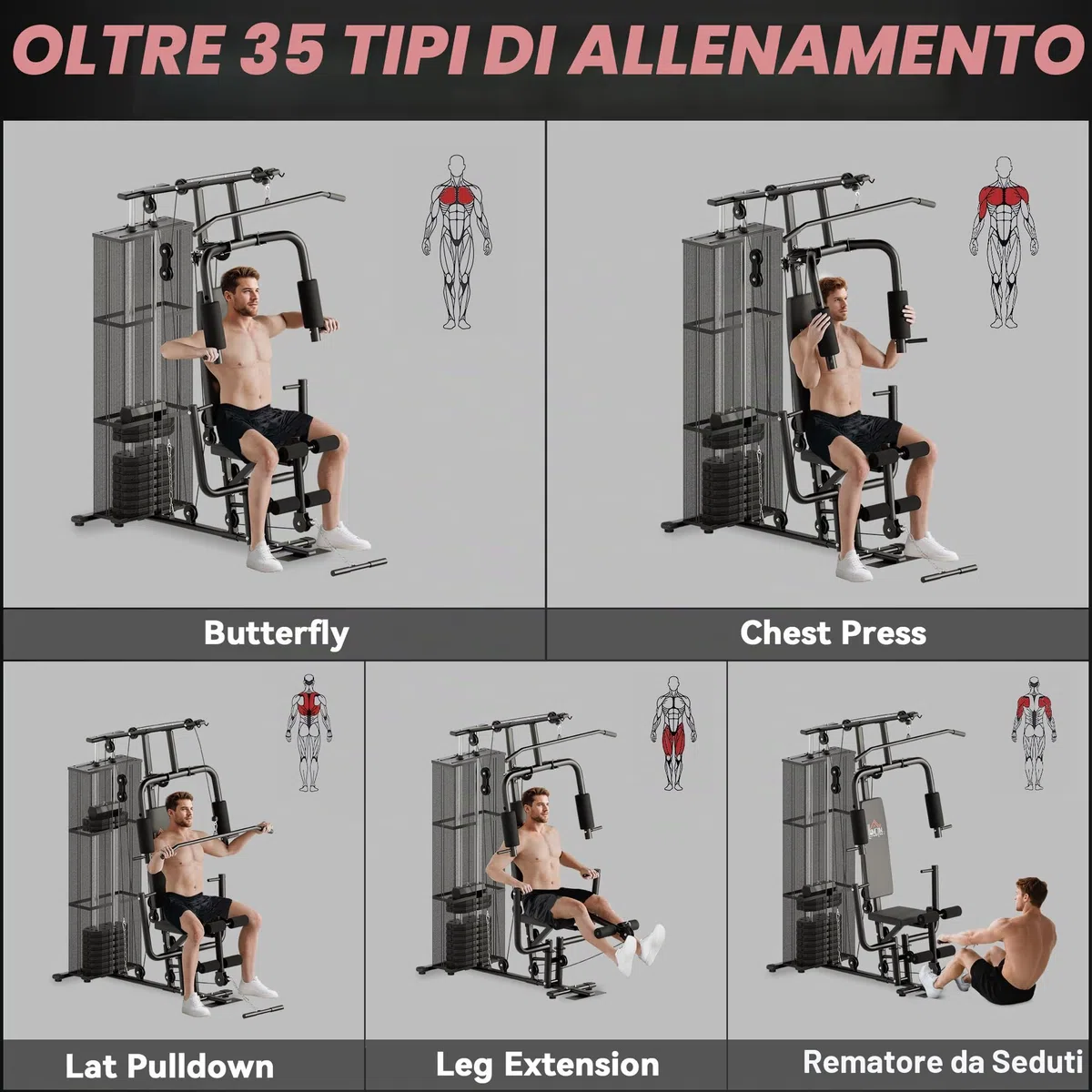 HOMCOM Attrezzatura da palestra domestica, stazione di allenamento multi palestra con pila di pesi da 45 kg, stazione toracica, pressa a farfalla e sviluppatore gambe per allenamento della forza
