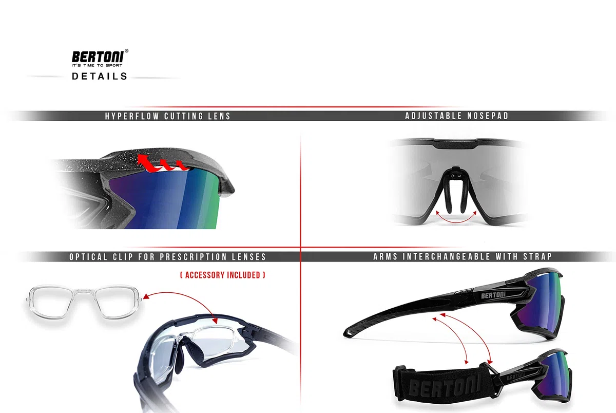 Bertoni Occhiali Ciclismo Running MTB Sci Padel Tennis Sport Polarizzati Fotocromatici MOD. Quasar