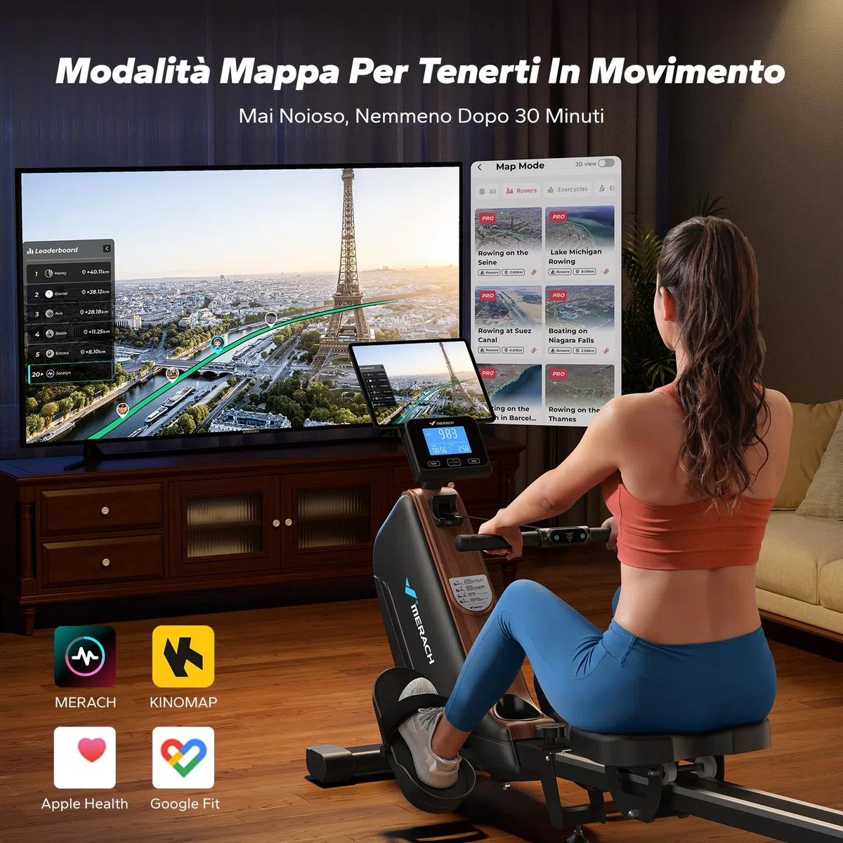 MERACH Vogatore per Casa, Vogatori Magnetici Silenziosi, Binari Migliorati ed Espansi da 130 cm per Movimenti più Liberi, Dotato di APP Esclusiva