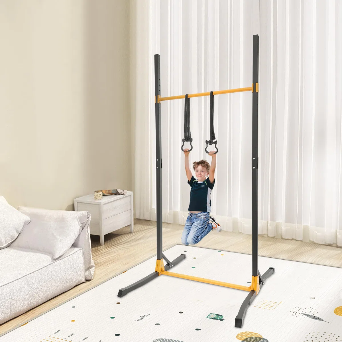 Sbarra per trazioni Power Tower, stazione per trazioni con 2 anelli, altezza regolabile in 11 livelli (160-215 cm), portata 400 kg, attrezzo fitness per casa