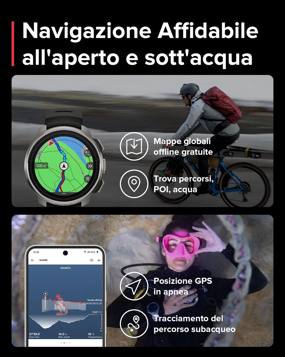 SUUNTO OCEAN Orologio Subacqueo e Sportivo Uomo, Schermo AMOLED, 10ATM/7 Bar, Dualband GNSS Mappa Offline, GPS Activity Tracker, 95+ Sports, Cardiofrequenzimetro, Autonomia 60H in Modalità Immersione