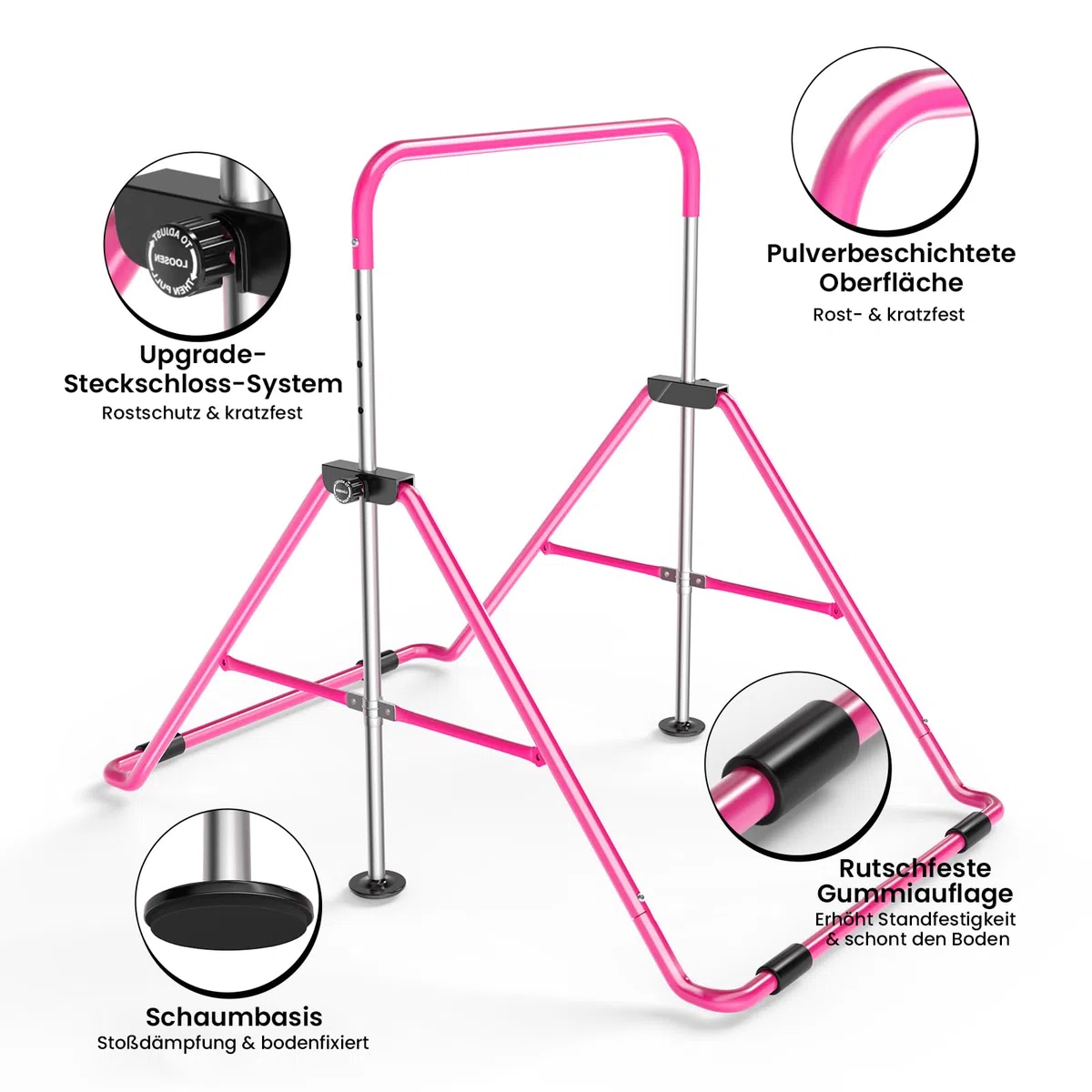 Safly Fun Expandable, asta da ginnastica per bambini, asta da ginnastica, asta orizzontale pieghevole, rosa con tappetino