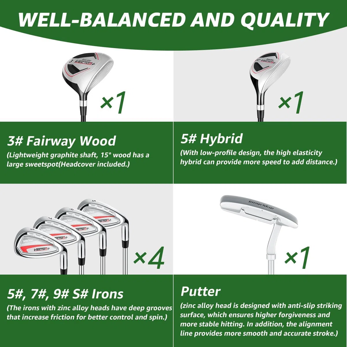 XKISS Set completo di mazze da golf per mancini/destrorsi da uomo donna 8 pezzi, include sacca con copertura antipioggia, legno da fairway 3# con copritesta, ibrido 5#, ferri 5#, 7#, 9# S# e putter
