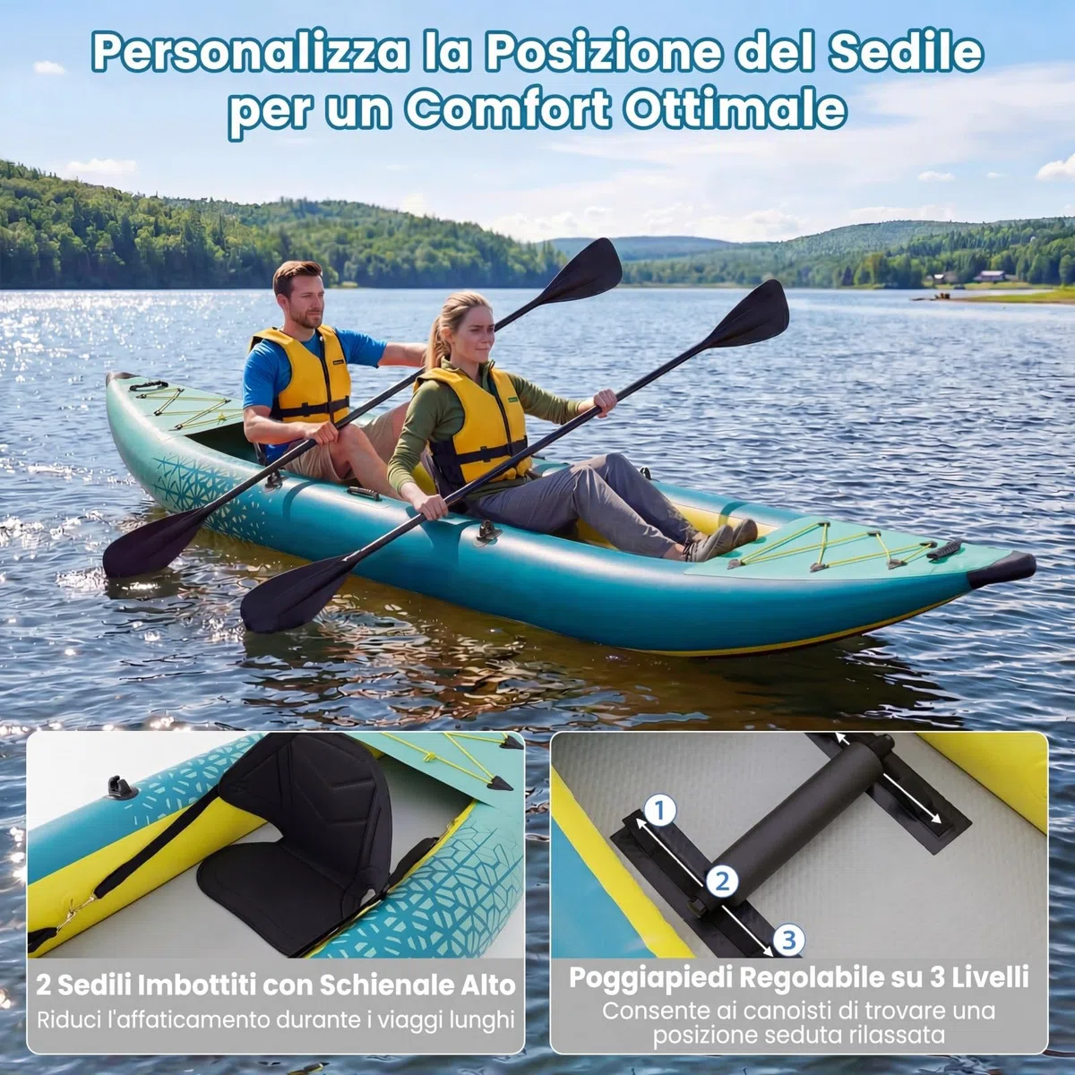 COSTWAY Kayak Gonfiabile 2 Posti, Kayak da Pesca Gonfiabile e Portatile 381 cm con 2 Sedili Imbottiti e Poggiapiedi Regolabili, Remi in Alluminio, Pompa a Mano, Ideale per Lago e Mare