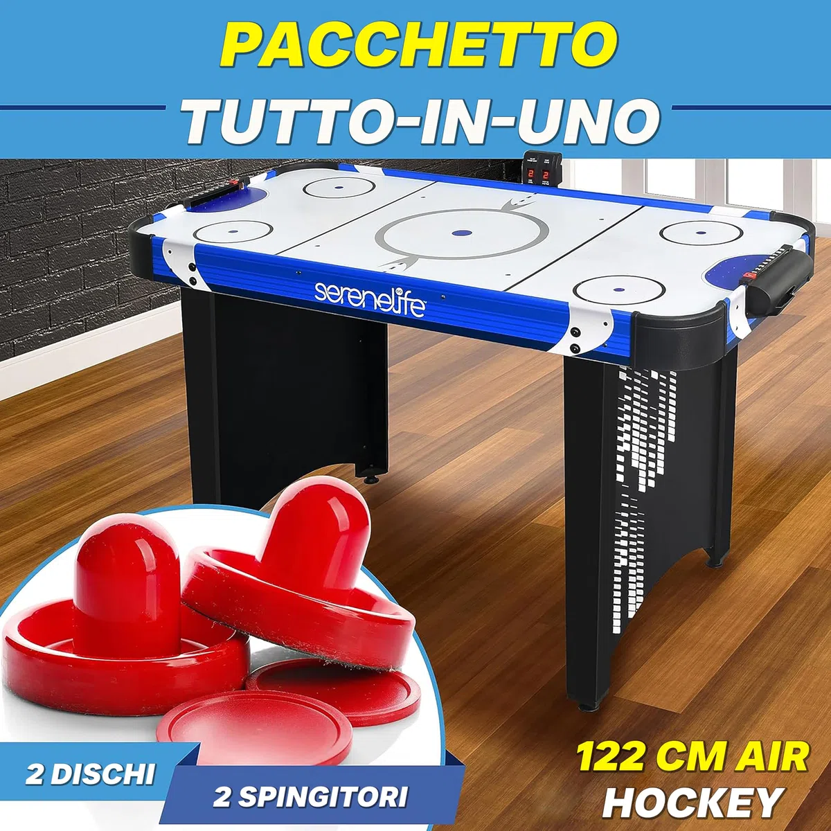 SereneLife Air Hockey, Tavolo da Gioco e Set di Accessori per Bambini e Adulti, Versioni Compatte e Motorizzate con Dischi e Spintori Inclusi