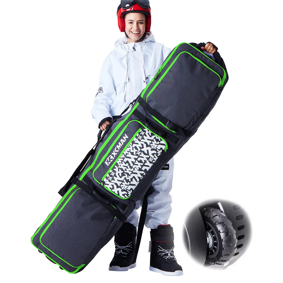 XCMAN - Borsa da Snowboard con Ruote, Lunghezza Regolabile per Viaggi in Aereo, Extra Lunga, Larga, Profonda, Impermeabile, con Stecche di Protezione in ABS e Dorso in Polipropilene, Versione 2020