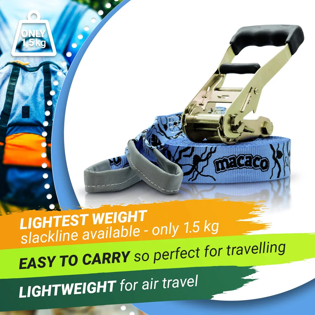 Slackline da viaggio leggero solo 1,5 kg | 11 m Slack Line per cose divertenti con giocattoli esterni | Attrezzature scolastiche forestali | Attrezzature per abilità circensi per bambini |