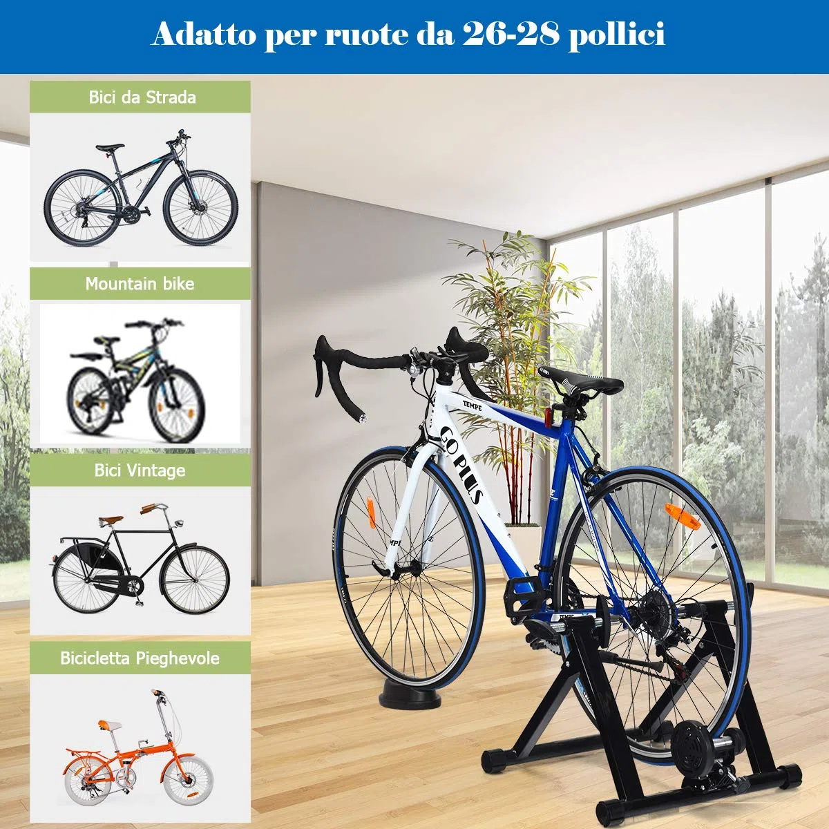 GOPLUS Rullo Allenamento da Ciclismo, per Ruote di 26-28 Pollici, Senza Filo, Pieghevole da Trasport e Stoccaggio, Fissato da Pomolo, Ideale per Interno, Acciaio, 54x50x39,5 cm, Nero