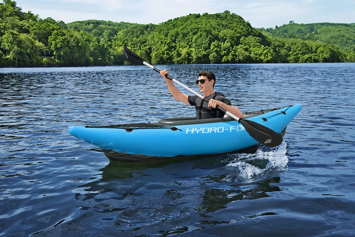 Hydro-Force Cove Champion, set kayak gonfiabile per 1 persona con pompa a mano, pagaie, borsa per il trasporto, blu