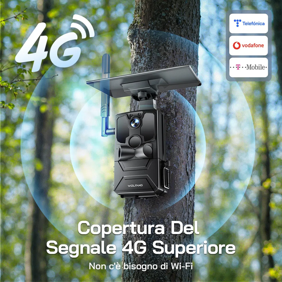 WOLFANG Fototrappola, 4G LTE Fototrappola Solare 2.5K con Scheda SIM Preinstallato e SD, Fotocamera con Allarme, Visione Notturna, Angolo 120° 82ft, Tempo di Scatto 0,2s, IP66 Impermeabile, Nero