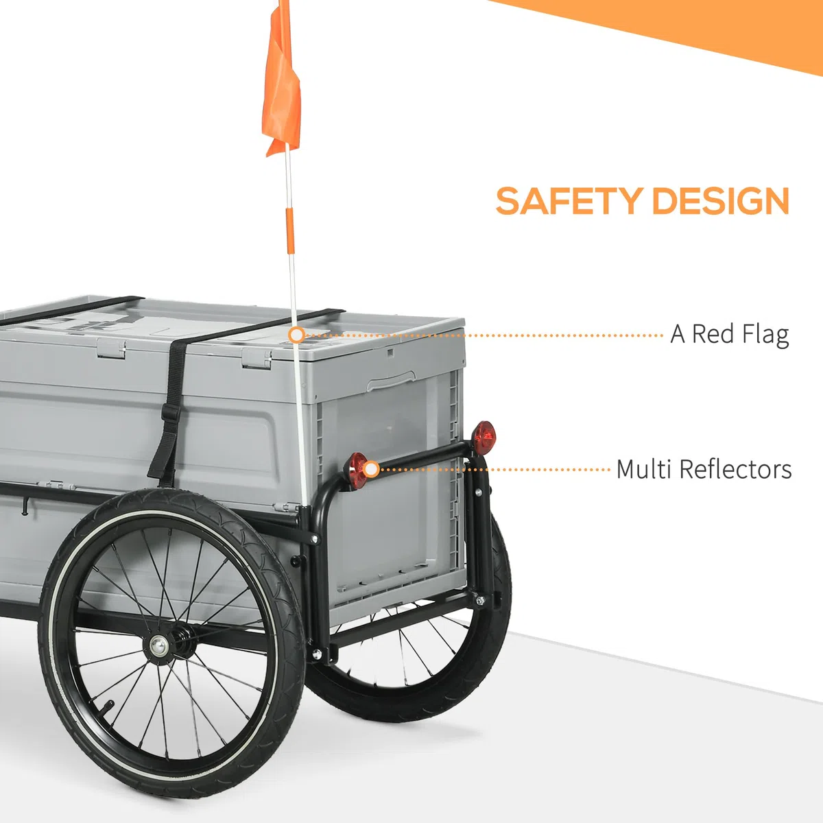 HOMCOM Rimorchio per bicicletta con cassetto portaoggetti estraibile pieghevole da 65 l, pneumatici e riflettori di sicurezza, carico massimo 40 kg, grigio