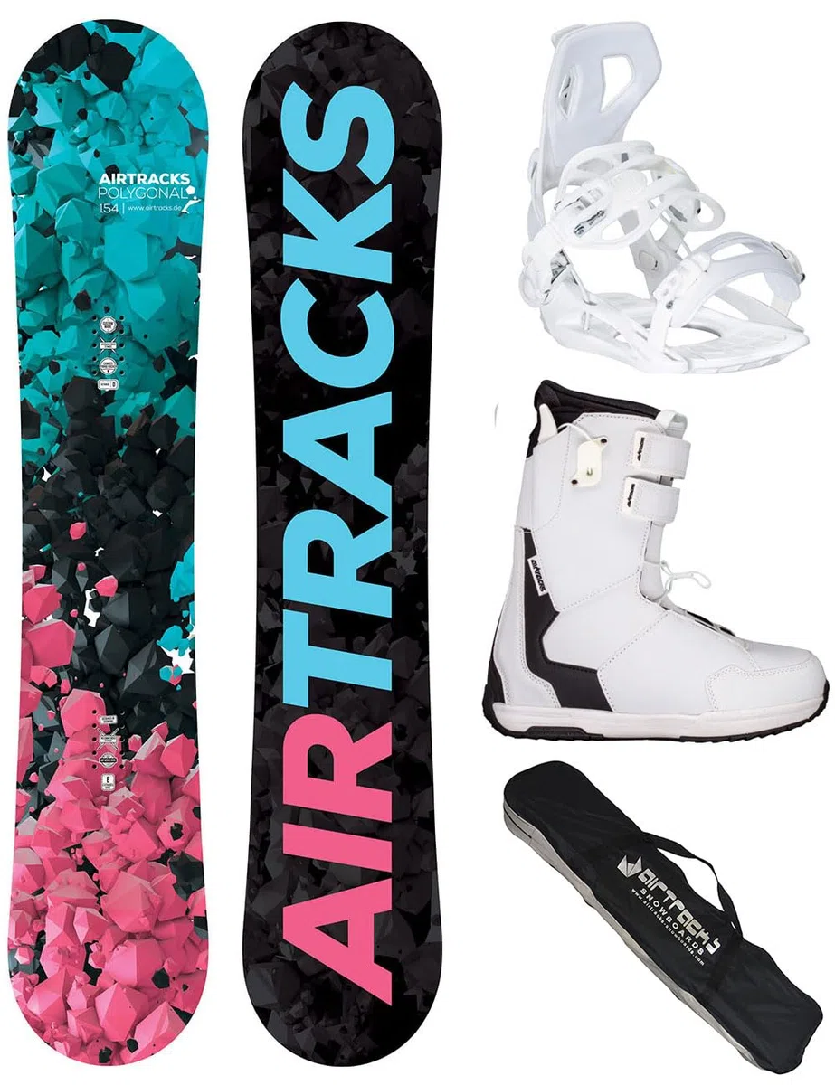 Airtracks Snowboard Set Tavola Polygonal Hybrid Rocker Donna + Attacchi Master W + Scarponi + Sacca Nuovi 138 144 148 154 cm