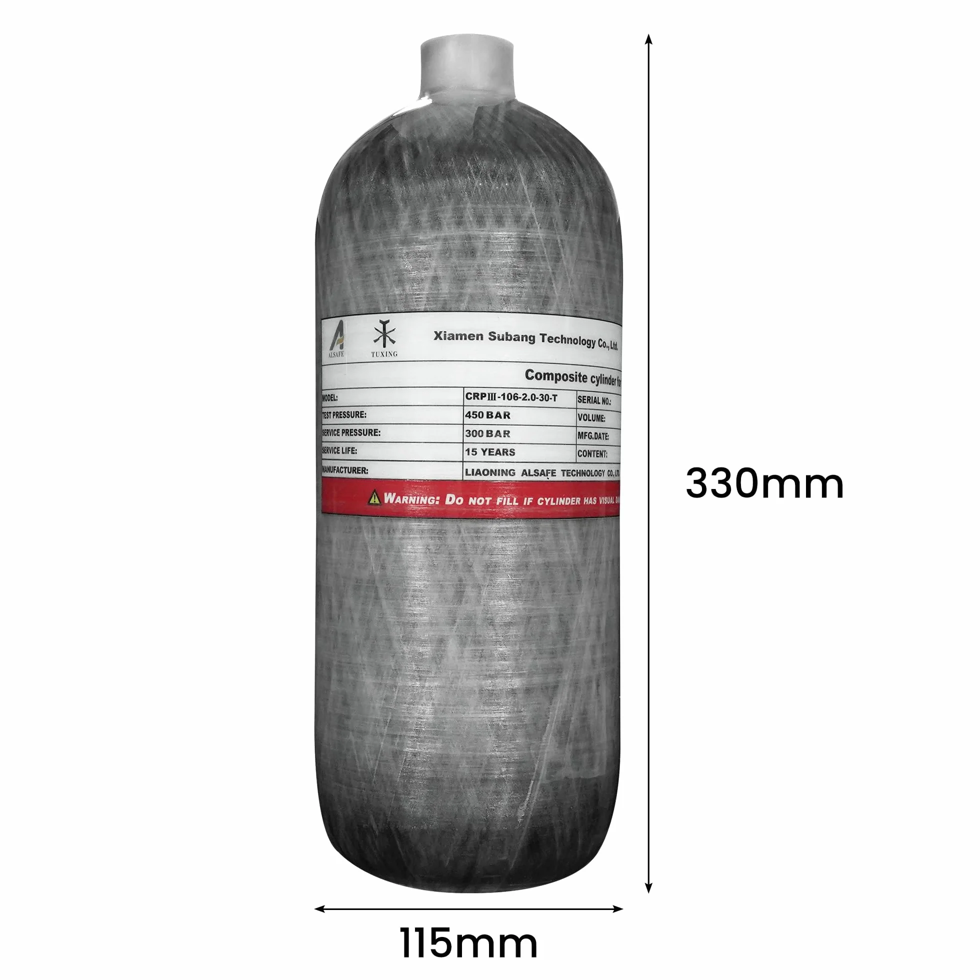TUXING 30Mpa 300Bar 4500psi Serbatoio d'aria in fibra di carbonio 2L per PCP Paintball Scuba (bottiglia vuota)