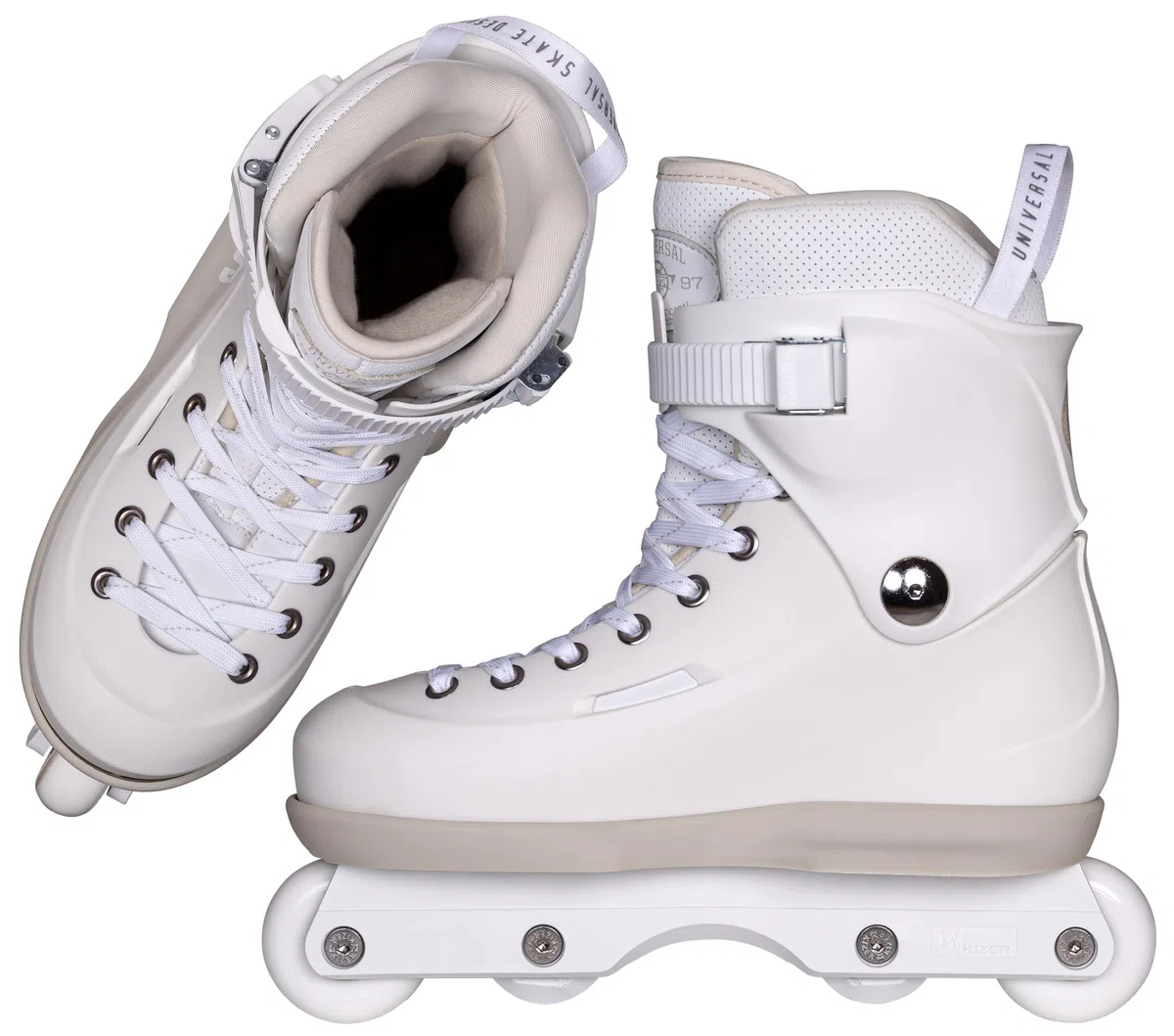USD Sway Chess White Stunt Skates - Pattini in linea aggressivi Hardboot, Kizer Fluid IV UFS, 60 mm, 88 A, cuscinetti a sfera ABEC 9, bianco/grigio per Street & Park