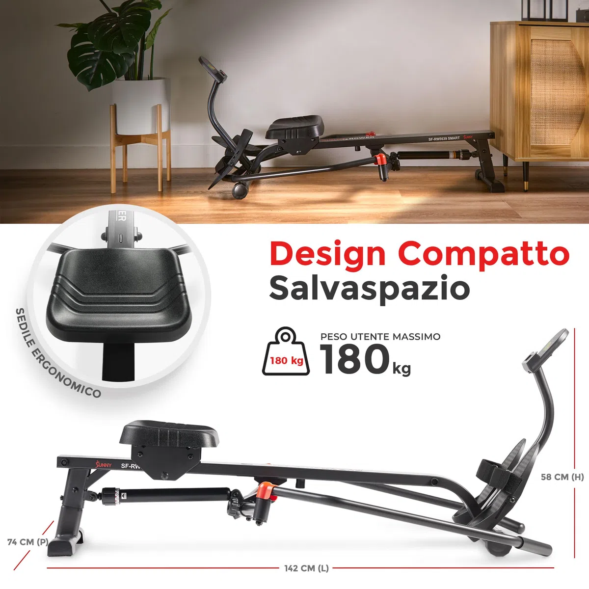 Sunny Health & Fitness Vogatore Compatto a Movimento Completo con Resistenza Regolabile, Rower per Allenamento a Basso Impatto e a Corpo Intero con Binario Lungo, Compatibile con l’App SunnyFit