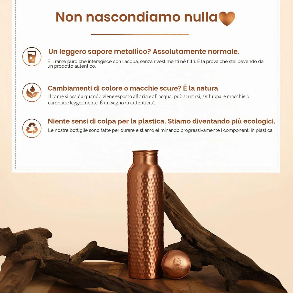 Bottiglia Acqua in Rame Puro Martellato 950 ml – Bottiglia Ayurvedica Antiperdita Senza BPA per Yoga Palestra Viaggi e Ufficio con Borsa in Tela Tasche e Spazzola Pulizia Inclusa