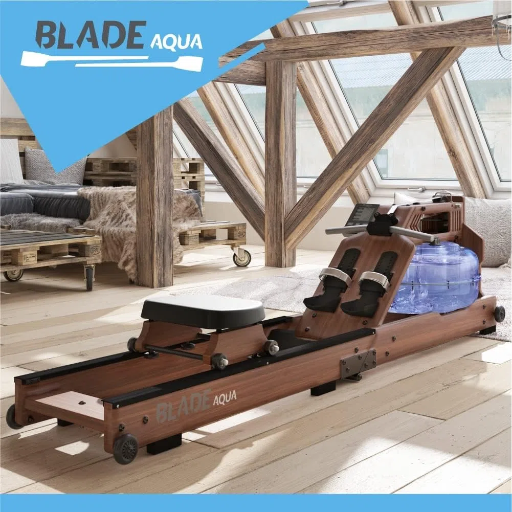 Bluefin Fitness Blade Aqua W-1, Vogatore ad Acqua, Frassino Americano Sostenibile al 100%, Vogatore Pieghevole per Casa, Display LCD, Applicazione Kinomap Inclusa, nero/marrone.